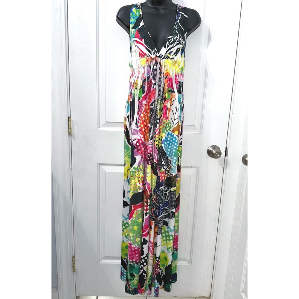 S-12, S-Twelve Multi Colored Maxi dress with lots of embellished rhinestones